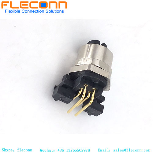 M12-A 4 Pin Female Panel Mount Connector, front lock, Right Angle