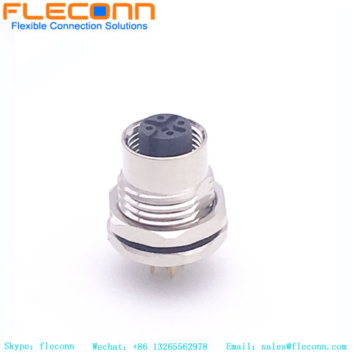 M12 PCB Panel Connector, A-coded, 5 Pin Female Rear Mount Receptacle