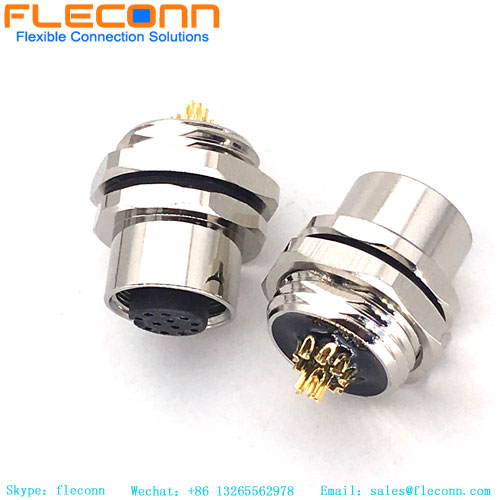 M12 12 Pin Female Panel Mount Connector，Rear Fastening Thread