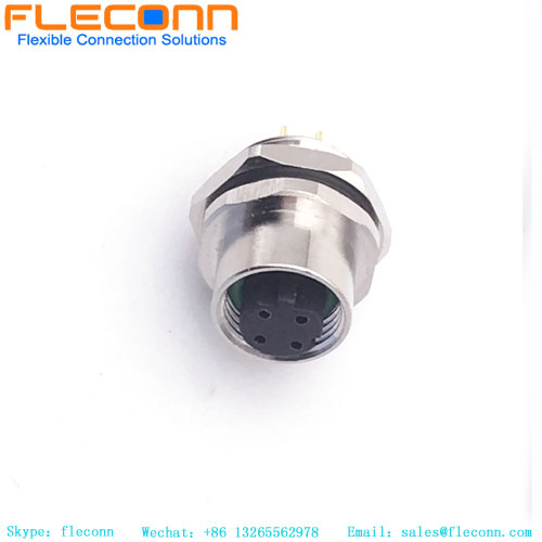 M12 PCB Panel Mount Connector, 4 Pins, Female, Rear Hex Nut Lock